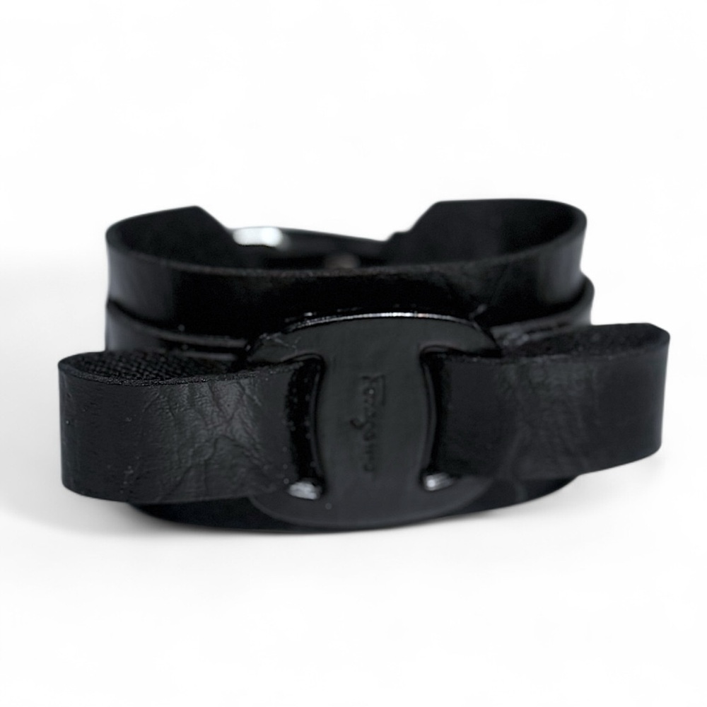 Salvatore Ferragamo upcycled Black Leather Bracelet with bow adjustable belt